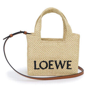 LOEWE Font Tote Shoulder Handbag Crossbody Raffia Leather Beige Brown